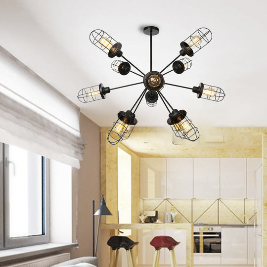 Farmhouse Style Iron Caged Chandelier - 9/12/15 Lights Sputnik Design Black Finish