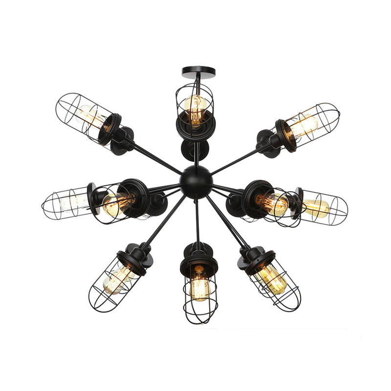 Farmhouse Style Iron Caged Chandelier - 9/12/15 Lights Sputnik Design Black Finish