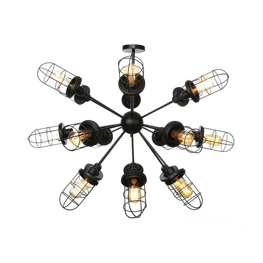 Farmhouse Style Iron Caged Chandelier - 9/12/15 Lights Sputnik Design Black Finish