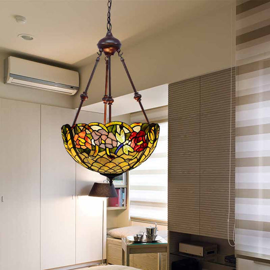 Stained Art Glass Chandelier Light - Petal Design 2 Lights Red/Orange/Green Bedroom Pendant