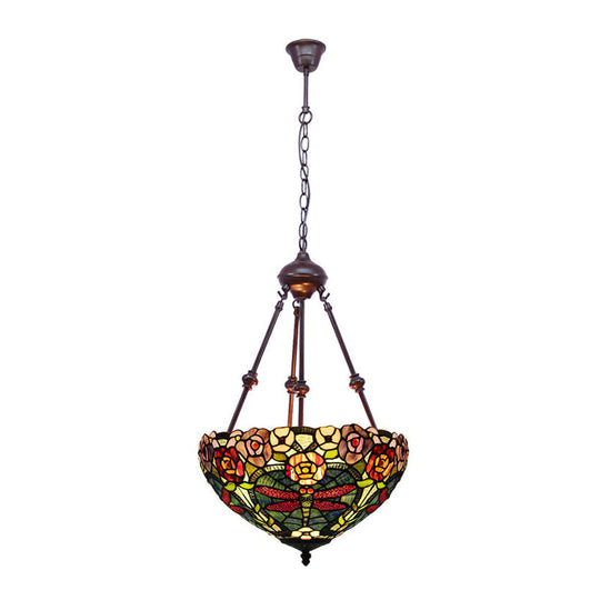 Stained Art Glass Chandelier Light - Petal Design 2 Lights Red/Orange/Green Bedroom Pendant