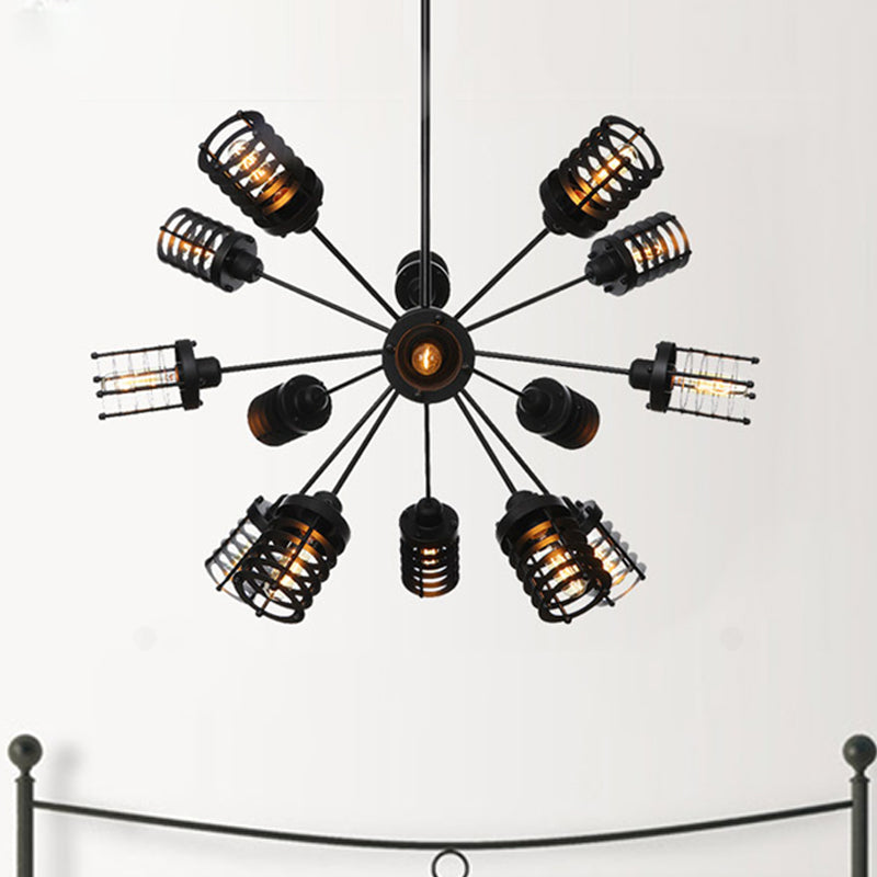 Vintage Black Chandelier Light: Starburst Metal With 9/12/15 Heads & Cylinder Frame Shade For