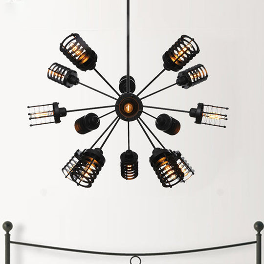 Vintage Black Chandelier Light: Starburst Metal With 9/12/15 Heads & Cylinder Frame Shade For