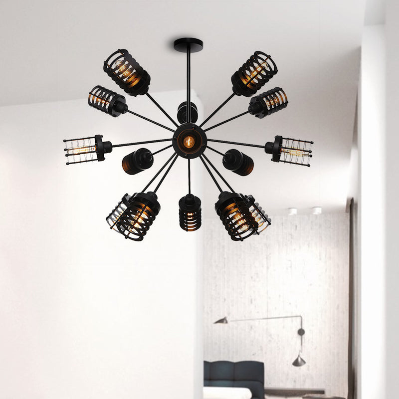 Vintage Black Chandelier Light: Starburst Metal With 9/12/15 Heads & Cylinder Frame Shade For