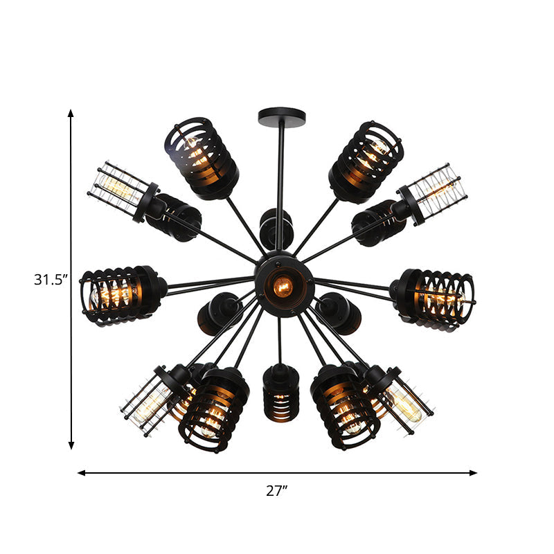 Vintage Black Chandelier Light: Starburst Metal With 9/12/15 Heads & Cylinder Frame Shade For