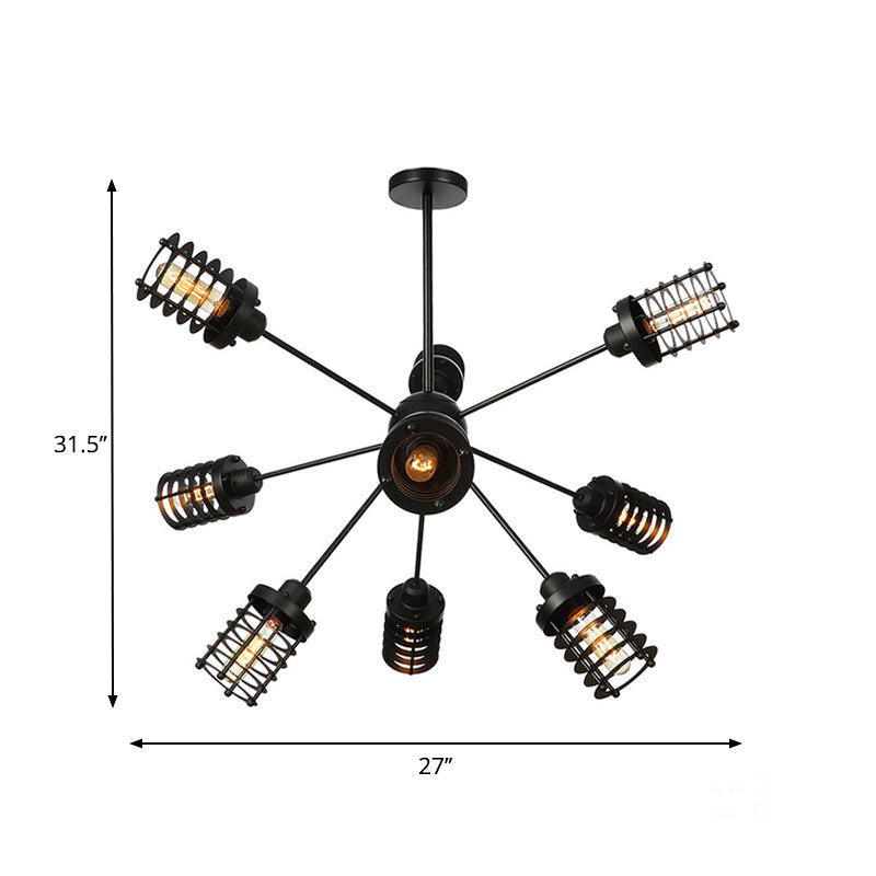 Vintage Black Chandelier Light: Starburst Metal With 9/12/15 Heads & Cylinder Frame Shade For