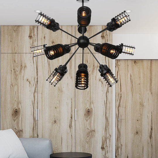 Vintage Black Chandelier Light: Starburst Metal With 9/12/15 Heads & Cylinder Frame Shade For