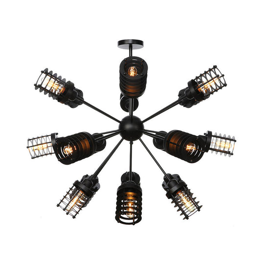Vintage Black Chandelier Light: Starburst Metal With 9/12/15 Heads & Cylinder Frame Shade For