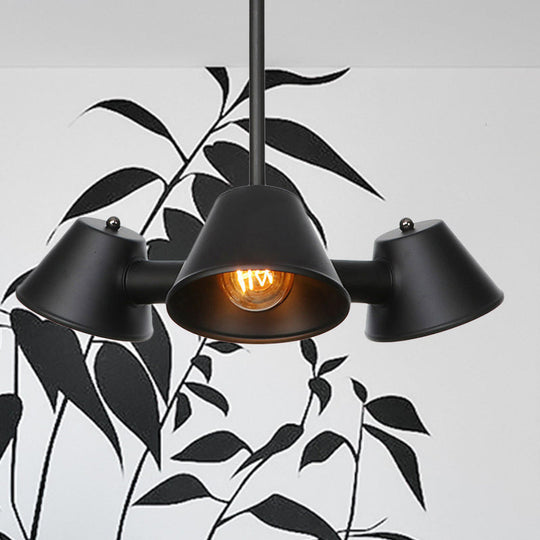 Stylish Black Industrial Chandelier With Conical Metal Shade - 3 Lights Indoor Ceiling Lamp