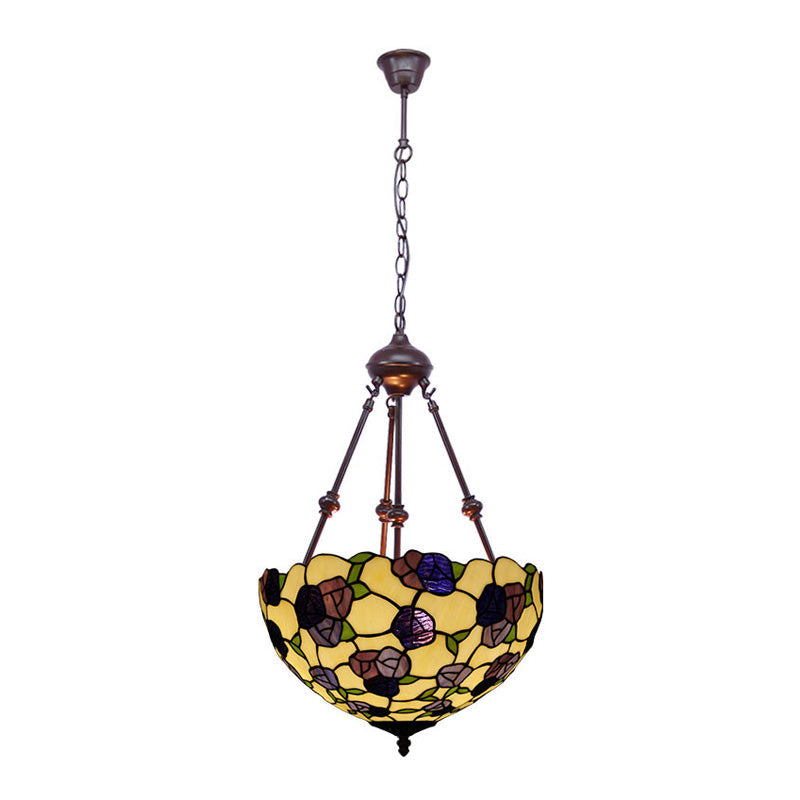 Hand Cut Glass Victorian Bowl Chandelier - 2 Lights Red/Pink/Purple Bedroom Pendant Lamp