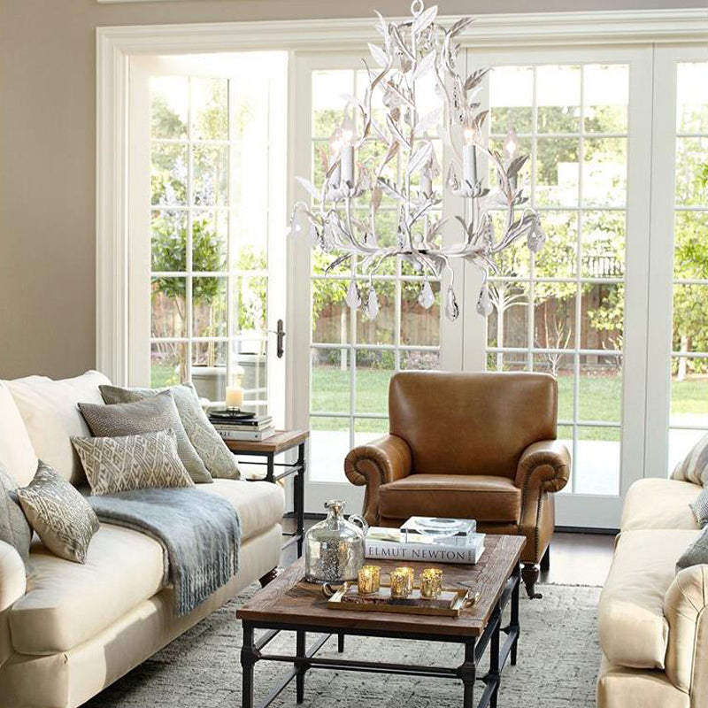 Modern Metal Leaf Chandelier With Crystal Drop - 5 Bulb Lighting Fixture In Grey/Distressed White