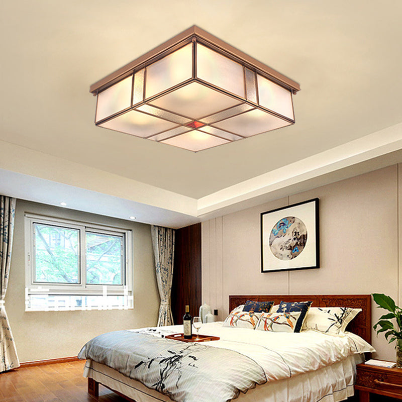Vintage Brass Flush Mount Light With Frosted Glass Panel Shade - 2/4 Lights Ceiling Fixture For