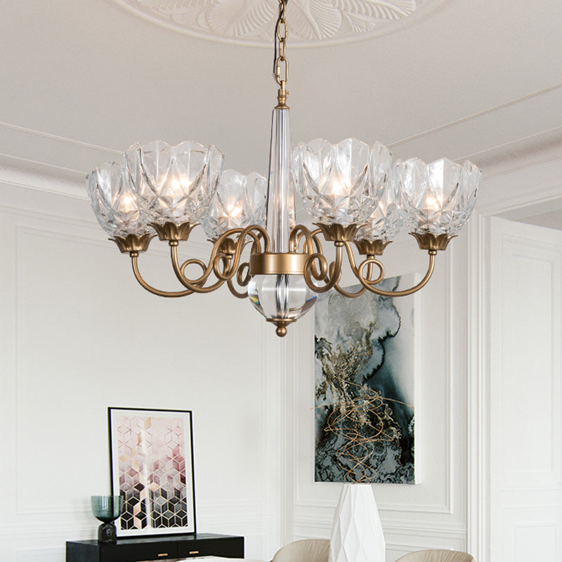 Contemporary Brass Bowl Pendant Chandelier - 6 Heads Ceiling Hanging Light With Clear Glass And