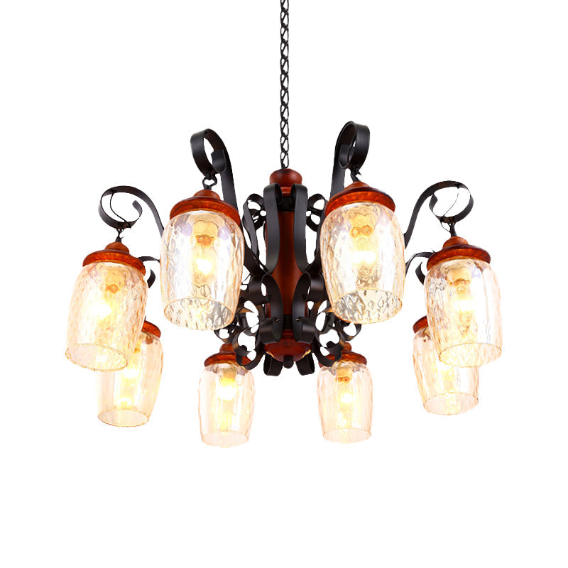 8-Light Antiqued Black Glass Chandelier - Curved Arm Pendant Light For Living Room Ceiling