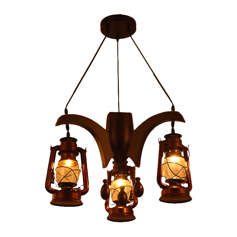 Dark Wood Industrial Kerosene Chandelier - 3-Light Clear Glass Ceiling Hanging Lamp For Living Room