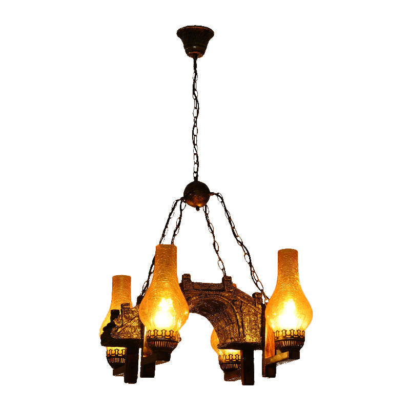 Vintage Amber Crackle Glass Vase Chandelier Pendant Light - Bronze Drop Lamp With 4 Lights