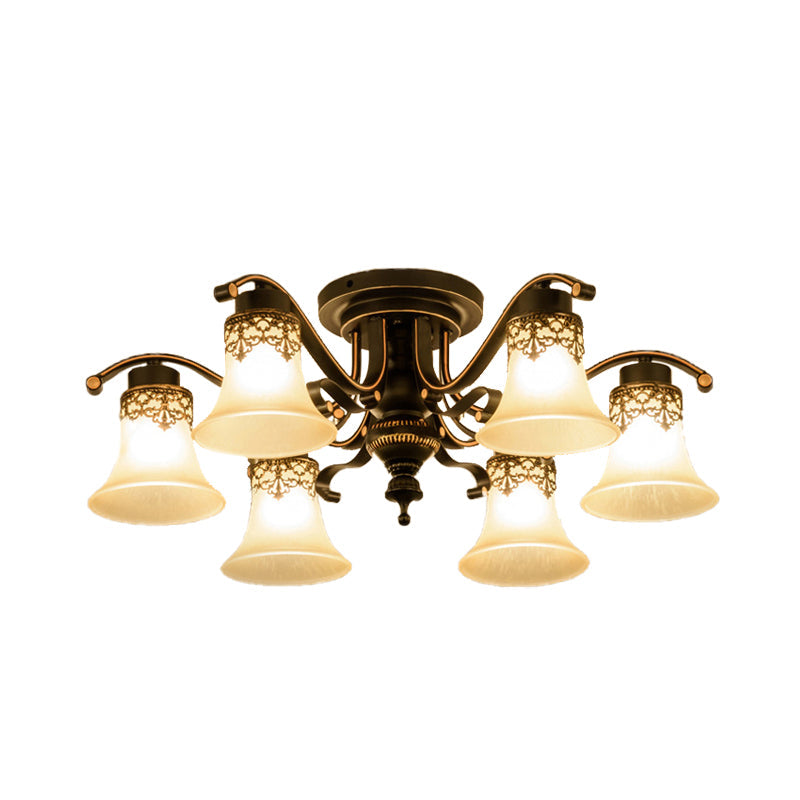 Black Bell Semi Flush Mount Ceiling Light Fixture - Classic Frosted Glass 3/6/8 Lights For Living