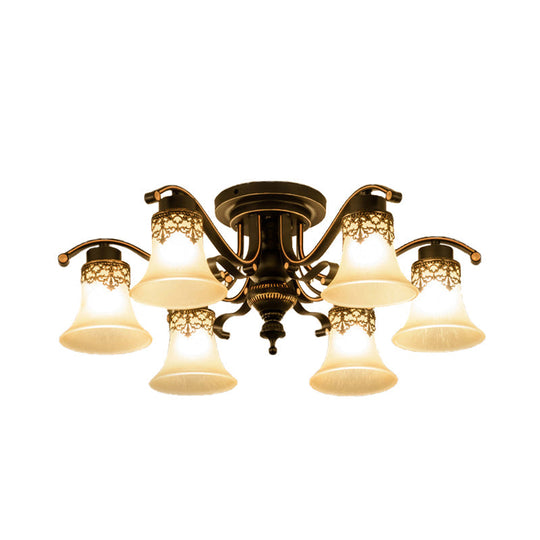 Black Bell Semi Flush Mount Ceiling Light Fixture - Classic Frosted Glass 3/6/8 Lights For Living