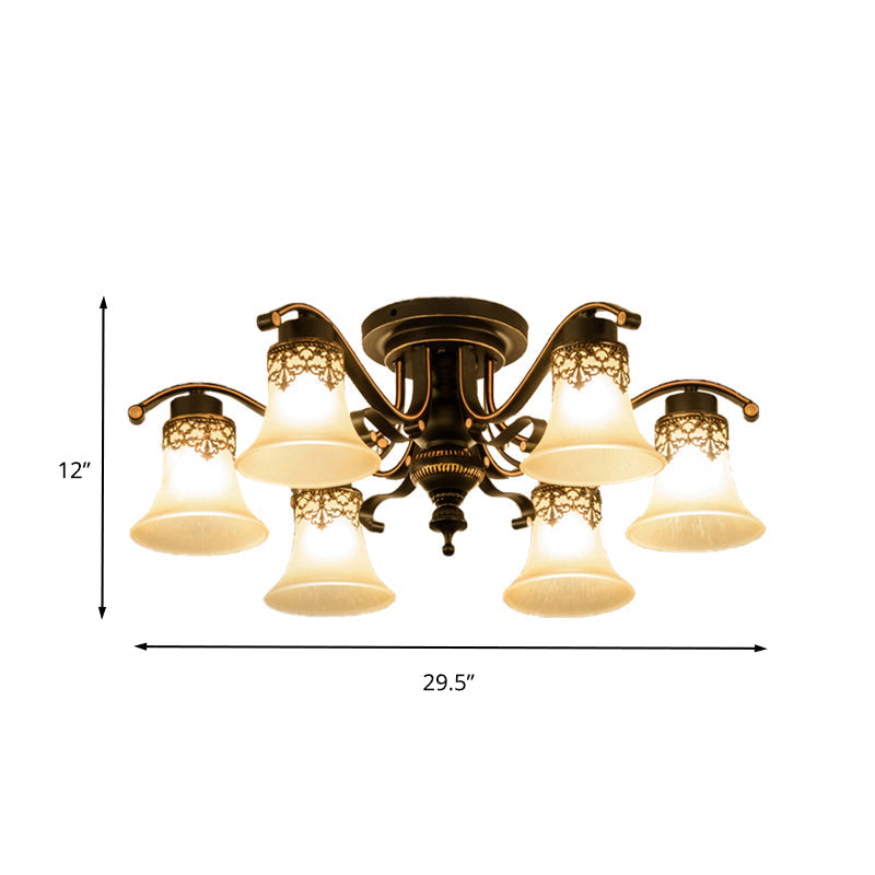 Black Bell Semi Flush Mount Ceiling Light Fixture - Classic Frosted Glass 3/6/8 Lights For Living