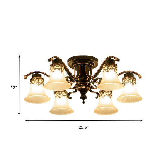 Black Bell Semi Flush Mount Ceiling Light Fixture - Classic Frosted Glass 3/6/8 Lights For Living
