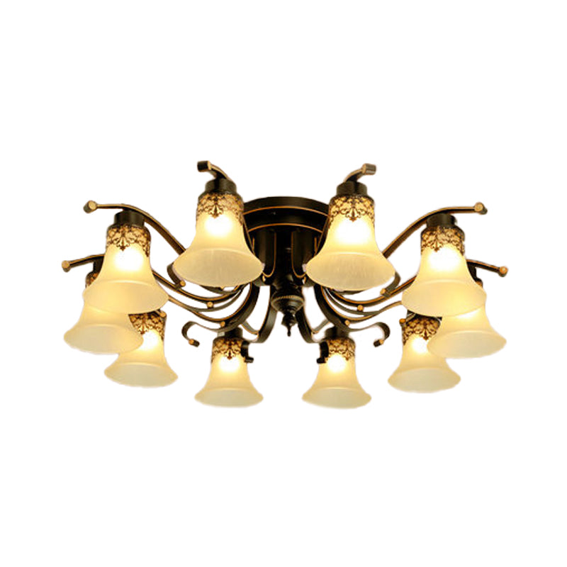Black Bell Semi Flush Mount Ceiling Light Fixture - Classic Frosted Glass 3/6/8 Lights For Living