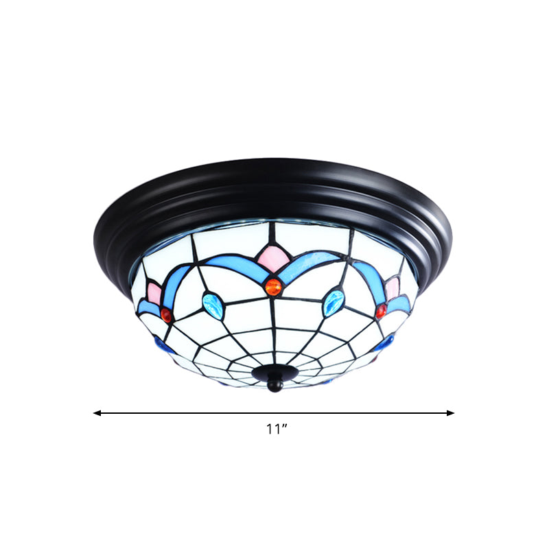 11’/15’ Tiffany Cut Glass Flush Ceiling Light - 3-Light Mount Fixture In White Ideal For Corridors