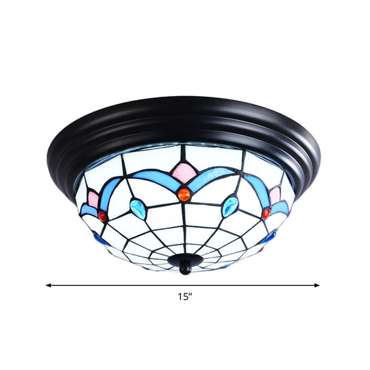 11’/15’ Tiffany Cut Glass Flush Ceiling Light - 3-Light Mount Fixture In White Ideal For Corridors