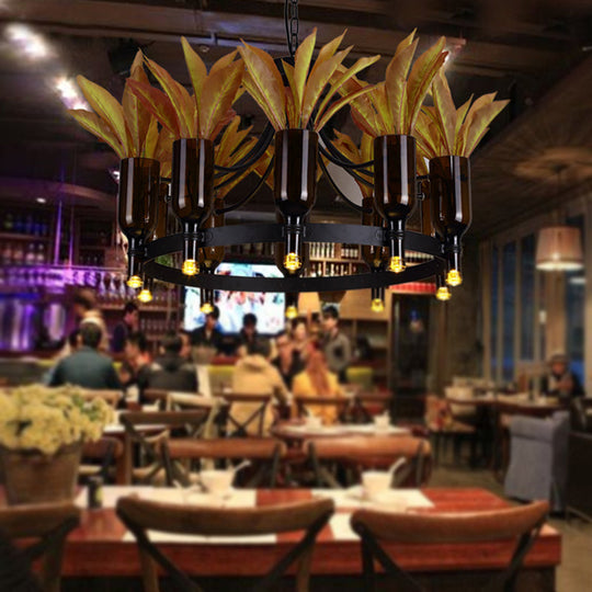 Industrial Round Pendant Light With Plant Decor And 10 Black Metal Lights