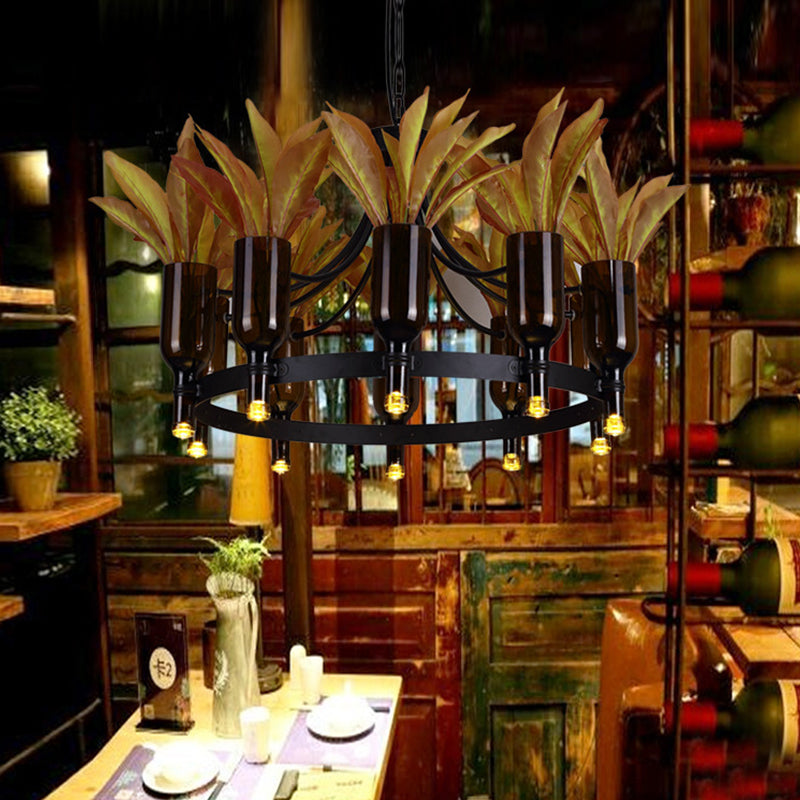 Industrial Round Pendant Light With Plant Decor And 10 Black Metal Lights