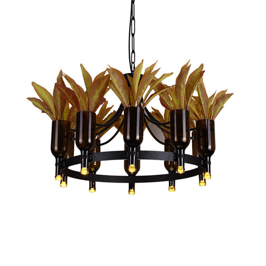 Industrial Round Pendant Light With Plant Decor And 10 Black Metal Lights