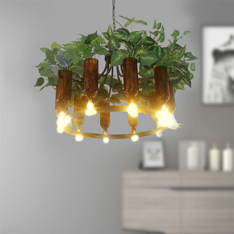 Green Wagon Suspension Light - Industrial Metal 10-Head Chandelier With Plant Deco Perfect For