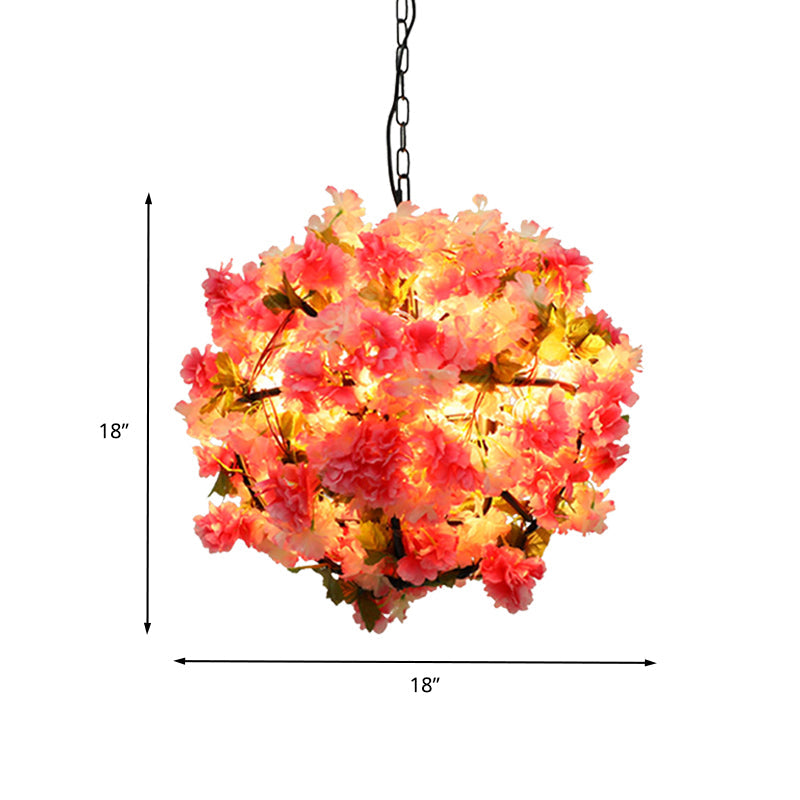 Industrial Metal Ball Chandelier Light With Pink Led Bulbs And Cherry Blossom Design