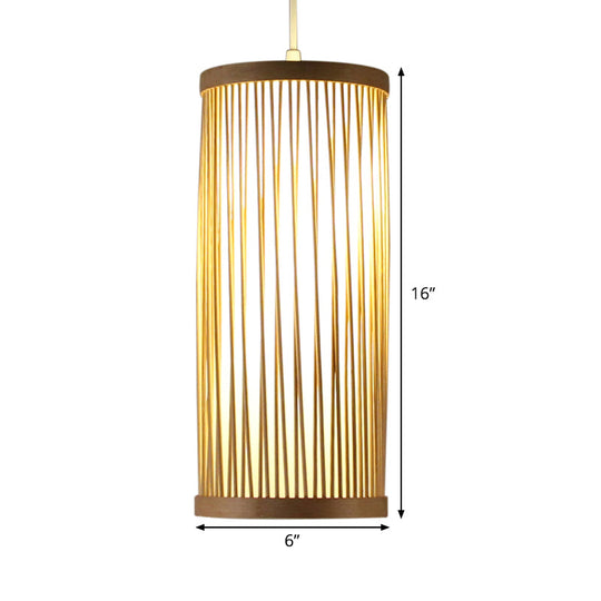 Natural Bamboo Asian Pendant Ceiling Light With Cylinder Wood Shade