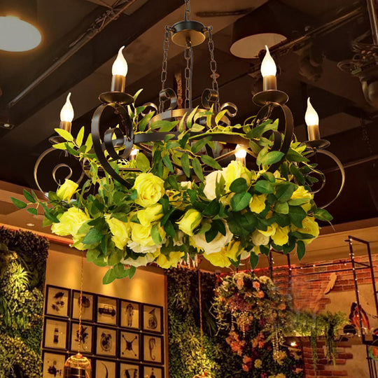 6-Bulb Industrial Black Metal Candle Pendant Chandelier With Led Suspension Lighting And Rose