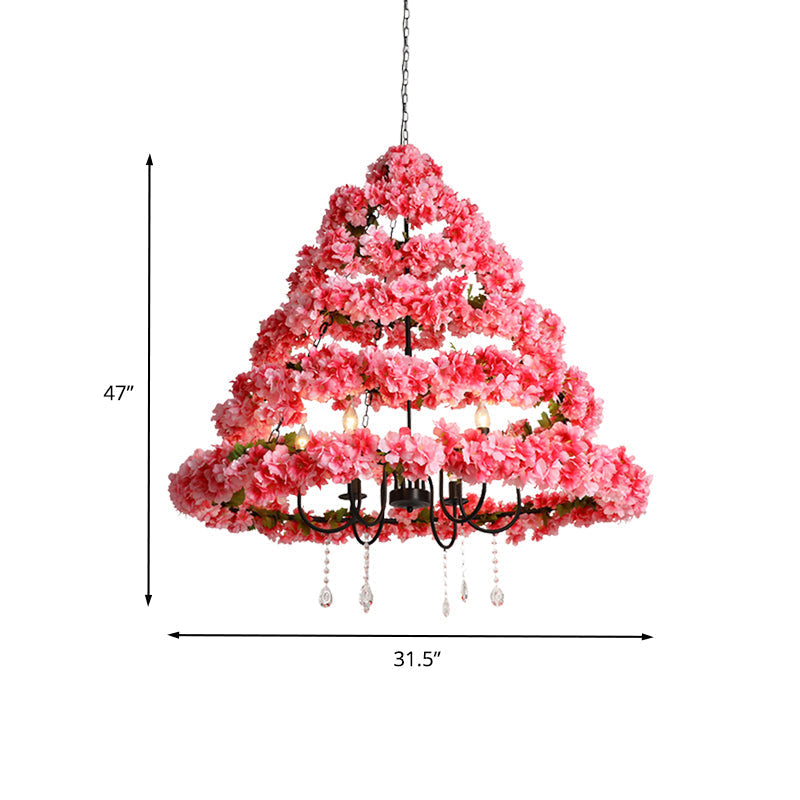 Cherry Blossom Chandelier: Industrial Metal 5-Bulb Pink Hanging Lamp With Crystal 31.5’/43’ Width