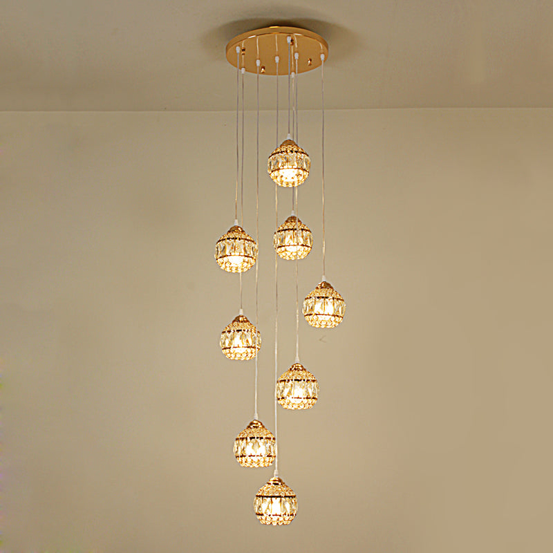 Modern Gold Crystal Pendant Light Cluster With 8 Lights For Stair - Meteor Shower Inspired Hanging