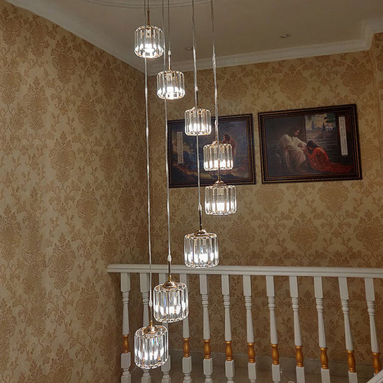 Modern Gold Ceiling Light With Crystal Mini Drum Pendant 8 Bulbs Spiral Design