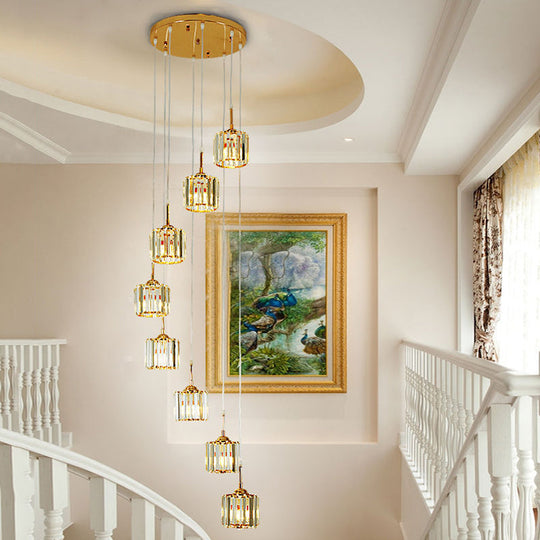 Modern Gold Ceiling Light With Crystal Mini Drum Pendant 8 Bulbs Spiral Design