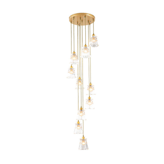10-Bulb Crystal Suspension Lamp With Contemporary Gold Spiral Stair Design - Multiple Hanging Lights