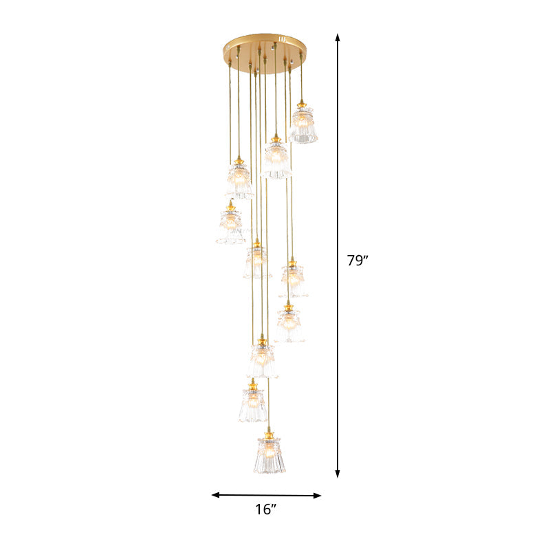 10-Bulb Crystal Suspension Lamp With Contemporary Gold Spiral Stair Design - Multiple Hanging Lights