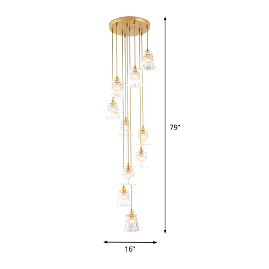 10-Bulb Crystal Suspension Lamp With Contemporary Gold Spiral Stair Design - Multiple Hanging Lights