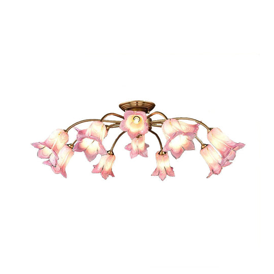 10 - Head Led Semi Flush Mount Ceiling Light For Bedroom With Pastoral Lily/Tulip Glass Shade -