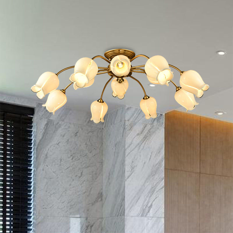 10 - Head Led Semi Flush Mount Ceiling Light For Bedroom With Pastoral Lily/Tulip Glass Shade -