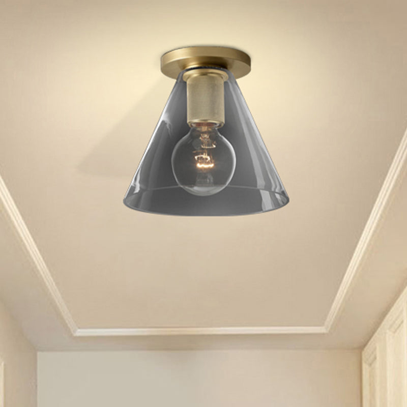 Modern Glass Flush Pendant Ceiling Light In Brass For Balcony - Globe Cone Cylinder Trumpet Shapes