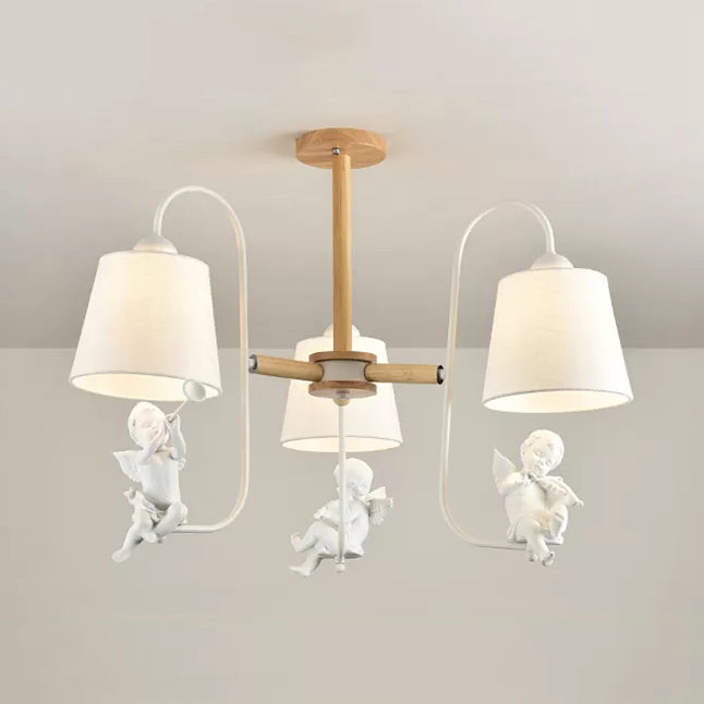 Contemporary Chandelier Light With Tapered Shade - Fabric & Wood Ideal For Child Bedroom 3 / White A