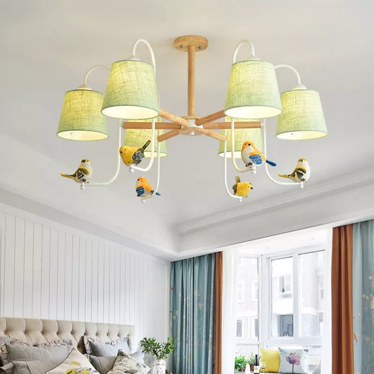Contemporary Chandelier Light With Tapered Shade - Fabric & Wood Ideal For Child Bedroom