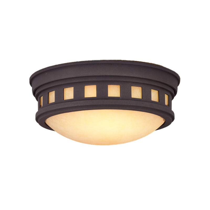 Rustic Metal Drum Flush Mount Ceiling Light With Opal Glass Bronze/Gold Outdoor Porch Lighting