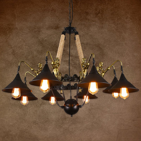 Industrial Bell Chandelier - Metal And Rope Suspension Light With Mermaid Deco Black (6/8 Bulbs)
