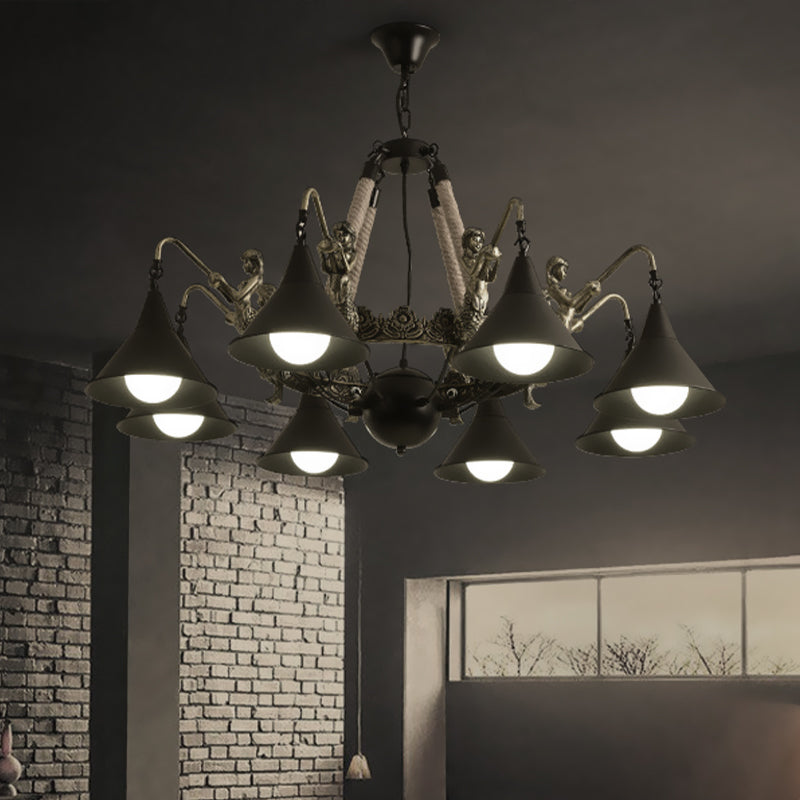 Black Industrial Bell Chandelier Light W/ Mermaid Deco - Metal/Rope Suspension | 6/8 Bulbs