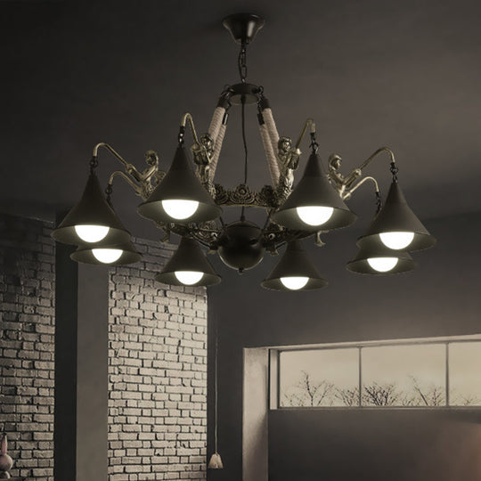 Black Industrial Bell Chandelier Light W/ Mermaid Deco - Metal/Rope Suspension | 6/8 Bulbs